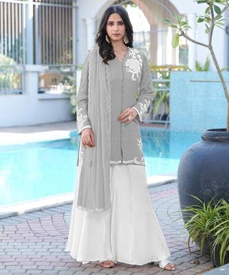 Grey hand embroidery modal satin stitched straight cut kurta kalidar palazzo dupatta readymade suits 2