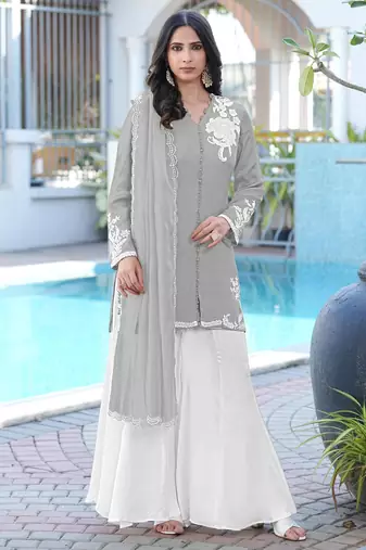 Grey hand embroidery modal satin stitched straight cut kurta kalidar palazzo dupatta readymade suits