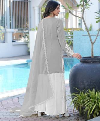 Grey hand embroidery modal satin stitched straight cut kurta kalidar palazzo dupatta readymade suits 3
