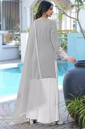 Grey hand embroidery modal satin stitched straight cut kurta kalidar palazzo dupatta readymade suits