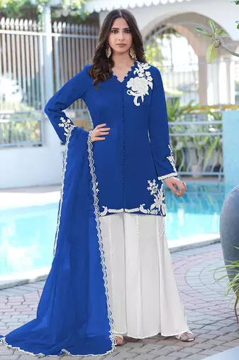 Royal-blue hand embroidery modal satin stitched straight cut kurta kalidar palazzo dupatta readymade suits