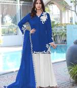 Royal-blue hand embroidery modal satin stitched straight cut kurta kalidar palazzo dupatta readymade suits