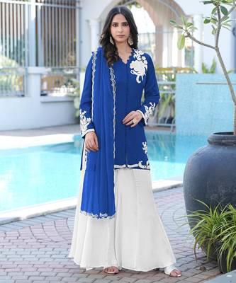 Royal-blue hand embroidery modal satin stitched straight cut kurta kalidar palazzo dupatta readymade suits 2