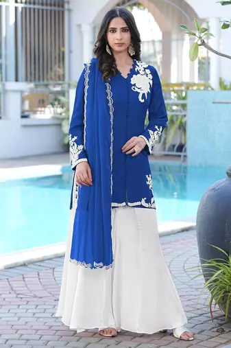 Royal-blue hand embroidery modal satin stitched straight cut kurta kalidar palazzo dupatta readymade suits