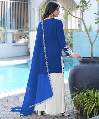 Royal-blue hand embroidery modal satin stitched straight cut kurta kalidar palazzo dupatta readymade suits 3
