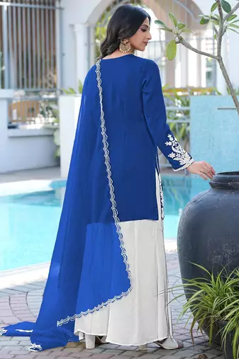 Royal-blue hand embroidery modal satin stitched straight cut kurta kalidar palazzo dupatta readymade suits