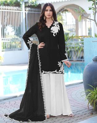 Black hand embroidery modal satin stitched straight cut kurta kalidar palazzo dupatta readymade suits 1