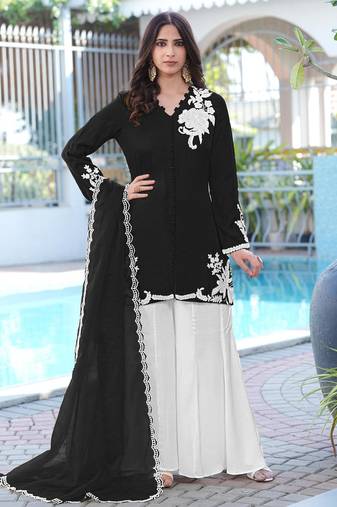 Black hand embroidery modal satin stitched straight cut kurta kalidar palazzo dupatta readymade suits