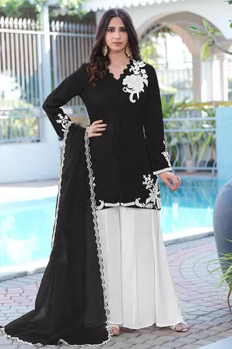 Black hand embroidery modal satin stitched straight cut kurta kalidar palazzo dupatta readymade suits