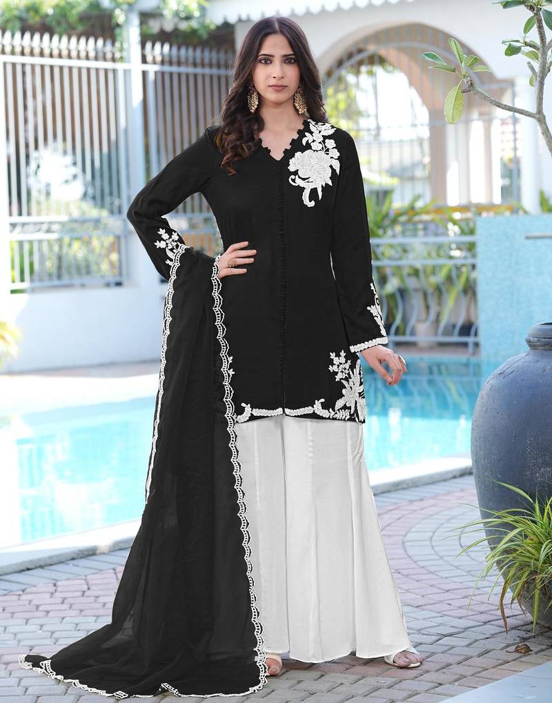Black hand embroidery modal satin stitched straight cut kurta kalidar palazzo dupatta readymade suits