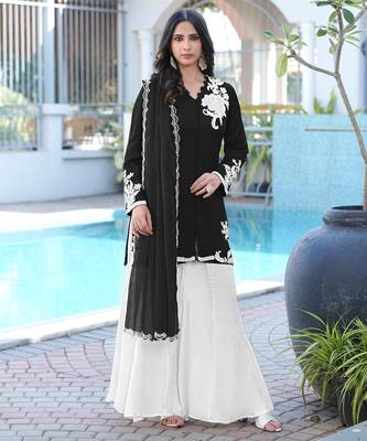 Black hand embroidery modal satin stitched straight cut kurta kalidar palazzo dupatta readymade suits 2