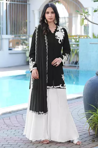 Black hand embroidery modal satin stitched straight cut kurta kalidar palazzo dupatta readymade suits