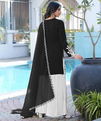 Black hand embroidery modal satin stitched straight cut kurta kalidar palazzo dupatta readymade suits 3