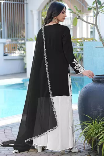 Black hand embroidery modal satin stitched straight cut kurta kalidar palazzo dupatta readymade suits