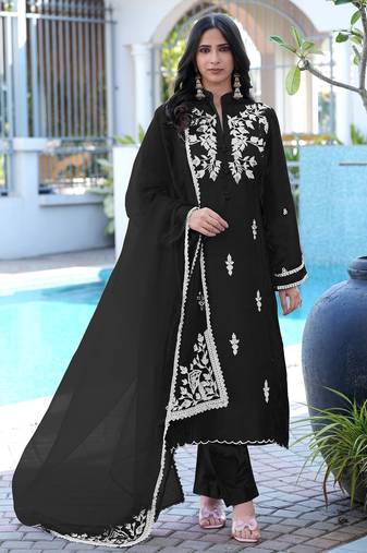 Black embroidered modal satin stitched straight cut kurta pants dupatta readymade suits