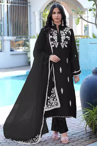 Black embroidered modal satin stitched straight cut kurta pants dupatta readymade suits