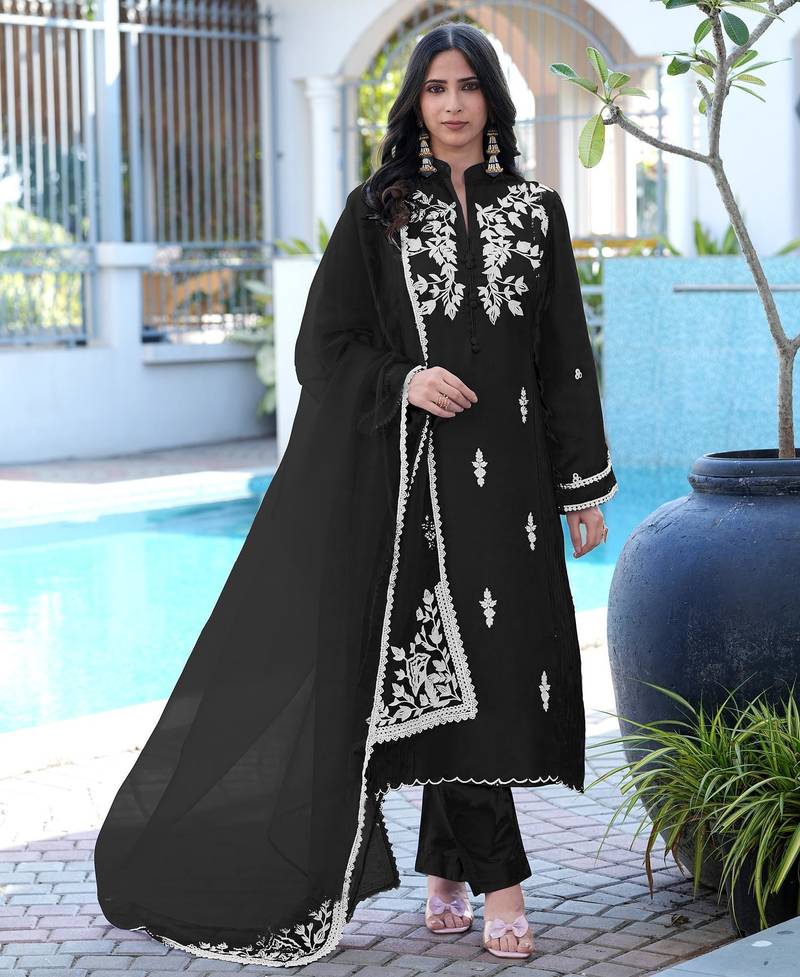 Black embroidered modal satin stitched straight cut kurta pants dupatta readymade suits