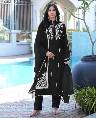 Black embroidered modal satin stitched straight cut kurta pants dupatta readymade suits 2