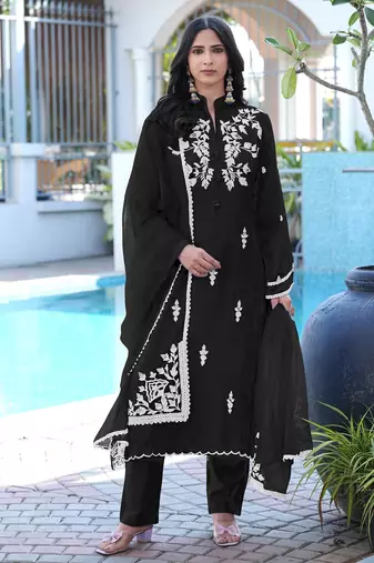 Black embroidered modal satin stitched straight cut kurta pants dupatta readymade suits