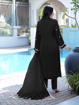 Black embroidered modal satin stitched straight cut kurta pants dupatta readymade suits 3