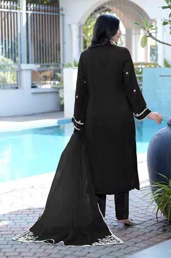 Black embroidered modal satin stitched straight cut kurta pants dupatta readymade suits