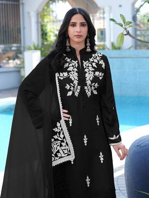 Black embroidered modal satin stitched straight cut kurta pants dupatta readymade suits 4