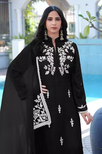 Black embroidered modal satin stitched straight cut kurta pants dupatta readymade suits