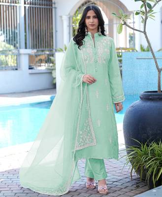 Light-green embroidered modal satin stitched straight cut kurta pants dupatta readymade suits 1