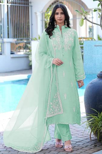 Light-green embroidered modal satin stitched straight cut kurta pants dupatta readymade suits