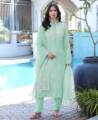 Light-green embroidered modal satin stitched straight cut kurta pants dupatta readymade suits 2