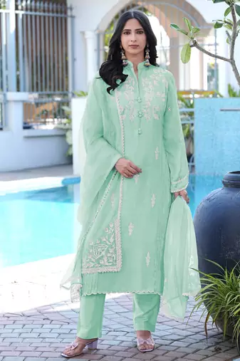 Light-green embroidered modal satin stitched straight cut kurta pants dupatta readymade suits
