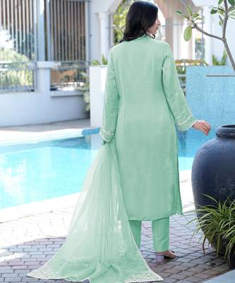 Light-green embroidered modal satin stitched straight cut kurta pants dupatta readymade suits 3