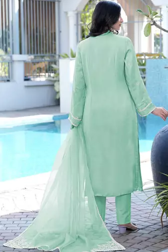 Light-green embroidered modal satin stitched straight cut kurta pants dupatta readymade suits