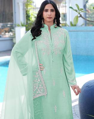 Light-green embroidered modal satin stitched straight cut kurta pants dupatta readymade suits 4