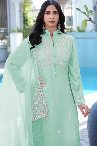 Light-green embroidered modal satin stitched straight cut kurta pants dupatta readymade suits