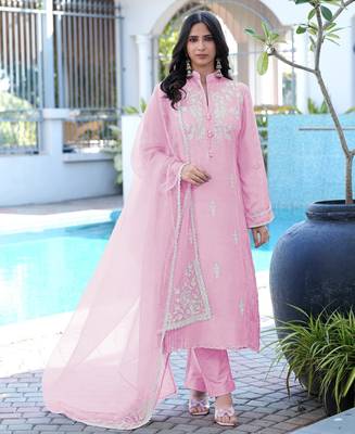 Light-pink embroidered modal satin stitched straight cut kurta pants dupatta readymade suits 1