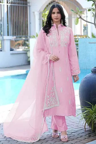 Light-pink embroidered modal satin stitched straight cut kurta pants dupatta readymade suits
