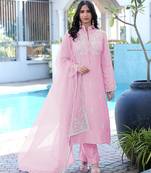 Light-pink embroidered modal satin stitched straight cut kurta pants dupatta readymade suits