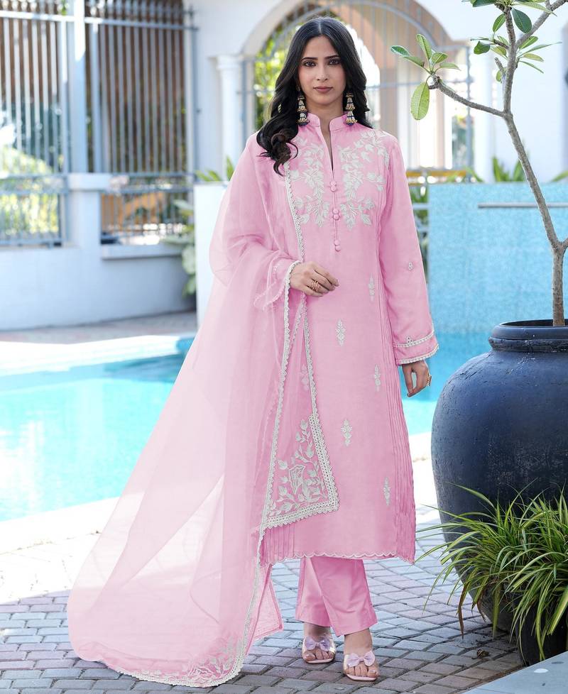 Light-pink embroidered modal satin stitched straight cut kurta pants dupatta readymade suits
