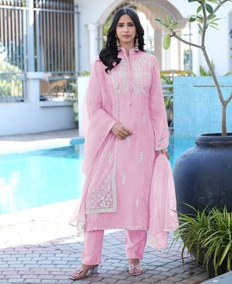 Light-pink embroidered modal satin stitched straight cut kurta pants dupatta readymade suits 2