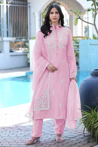 Light-pink embroidered modal satin stitched straight cut kurta pants dupatta readymade suits