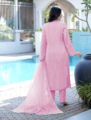 Light-pink embroidered modal satin stitched straight cut kurta pants dupatta readymade suits 3