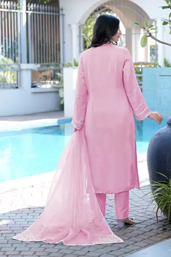 Light-pink embroidered modal satin stitched straight cut kurta pants dupatta readymade suits