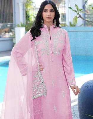 Light-pink embroidered modal satin stitched straight cut kurta pants dupatta readymade suits 4