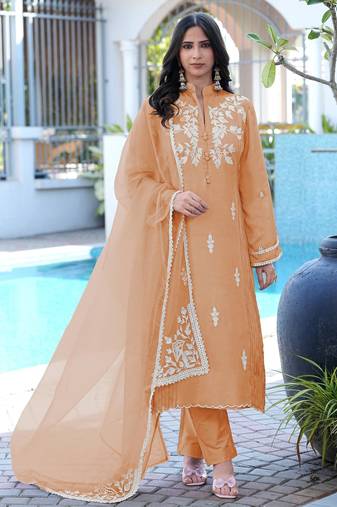 Light-brown embroidered modal satin stitched straight cut kurta pants dupatta readymade suits