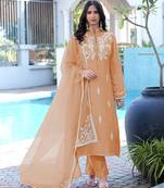 Light-brown embroidered modal satin stitched straight cut kurta pants dupatta readymade suits