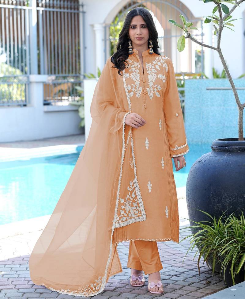 Light-brown embroidered modal satin stitched straight cut kurta pants dupatta readymade suits