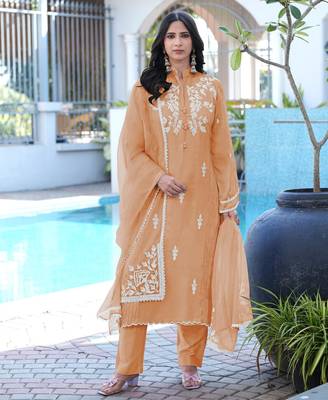 Light-brown embroidered modal satin stitched straight cut kurta pants dupatta readymade suits 2