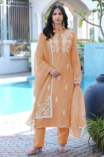 Light-brown embroidered modal satin stitched straight cut kurta pants dupatta readymade suits