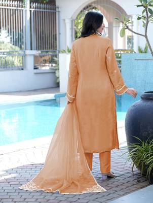 Light-brown embroidered modal satin stitched straight cut kurta pants dupatta readymade suits 3